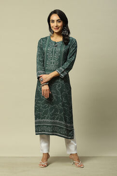 Green LIVA Straight Printed Kurta image number 0