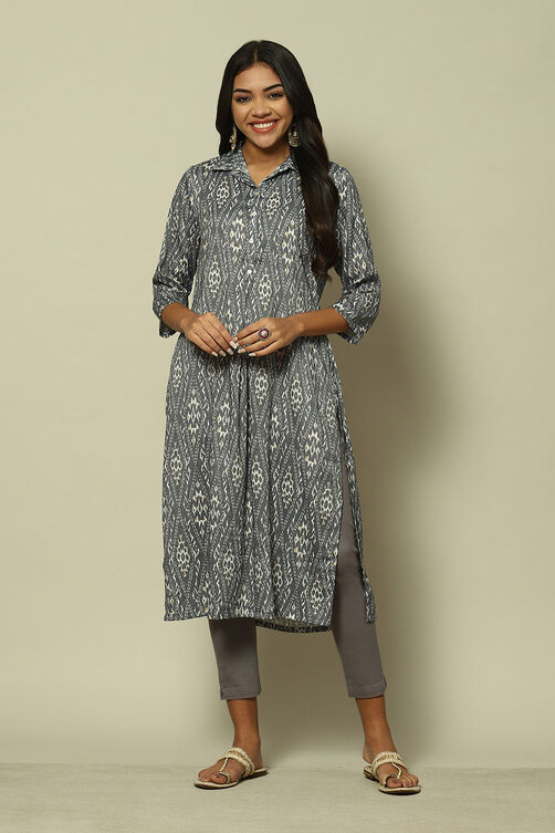 Grey Cotton Blend Straight Printed Kurta image number 0