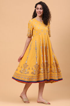 Mustard Art Silk Kalidar Kurta Dress image number 3