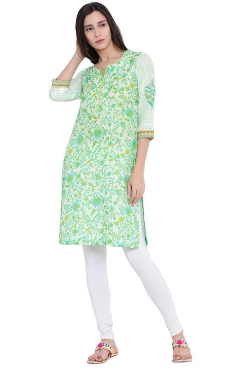 Green Cotton A-Line Kurta image number 3
