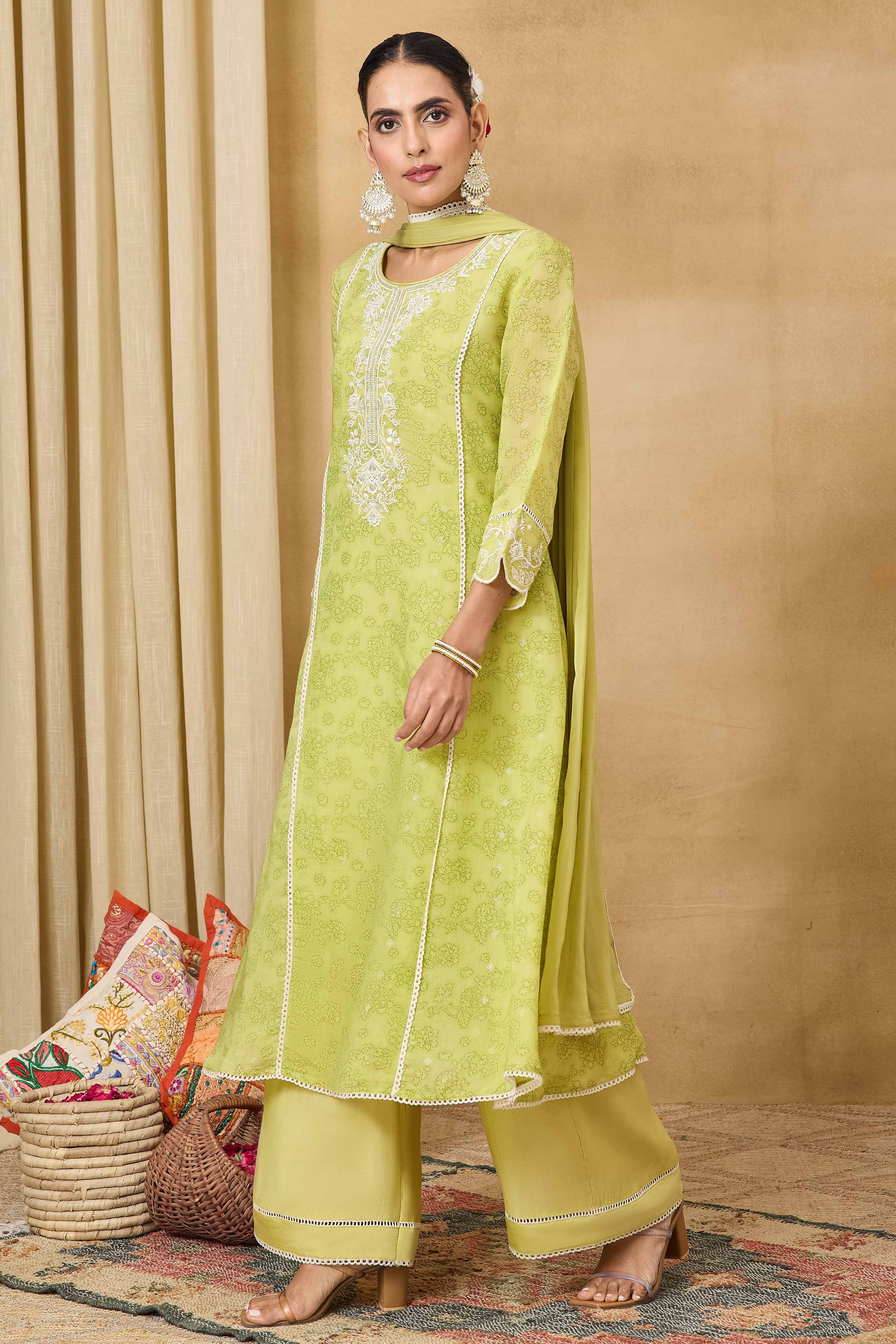 Light Green Polyester A-Line Printed Suit Set image number 4