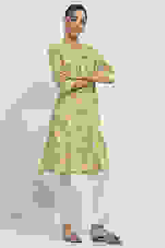 Yellow Cotton Printed Straight Kurta image number 4