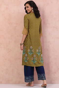 Lime Green Art Silk A-Line Kurta image number 4