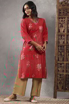 Red Viscose Blend Printed Straight Kurta image number 0