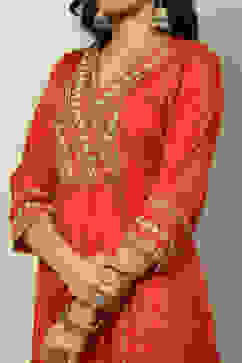 Rust Viscose Shantoon Embroidered A-line Kurta image number 1