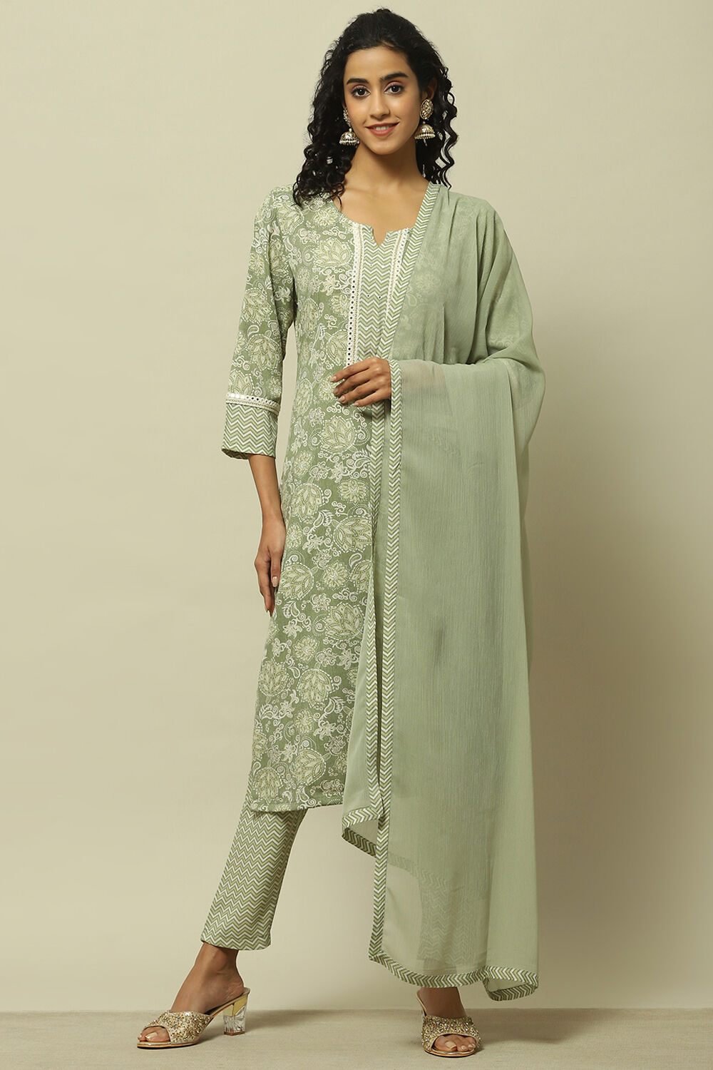 Sage Green Printed  Kurta & Pants Suit Set image number 6
