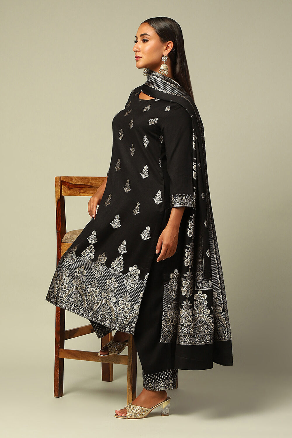 Black Acrylic Straight Yarn Dyed Kurta Palazzo Suit Set image number 0