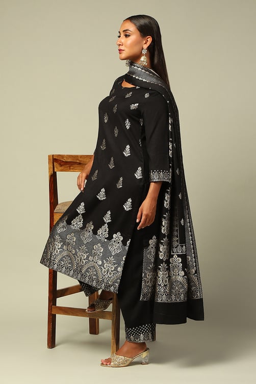 Black Acrylic Straight Yarn Dyed Kurta Palazzo Suit Set image number 0