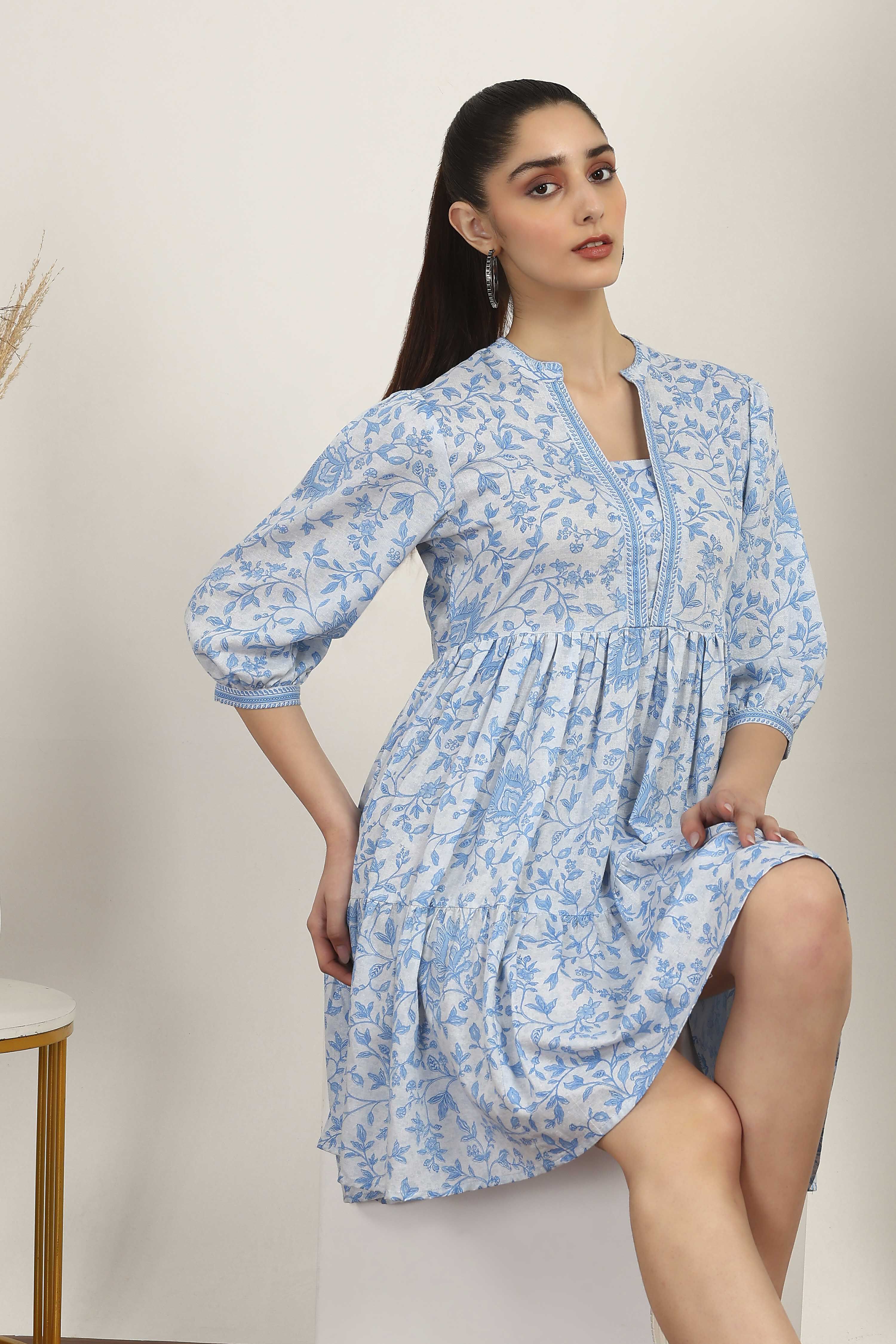 Blue Rayon Flex Tiered Dresses image number 5