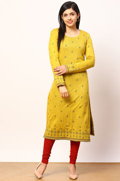 Mustard Jacquard Straight Kurta image number 5