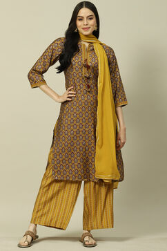 Yellow Cotton Blend Woven Straight Kurta Suit Set image number 7