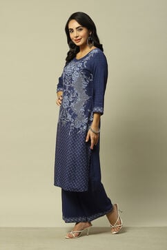 Blue LIVA Straight Printed Kurta Palazzo Suit Set image number 3