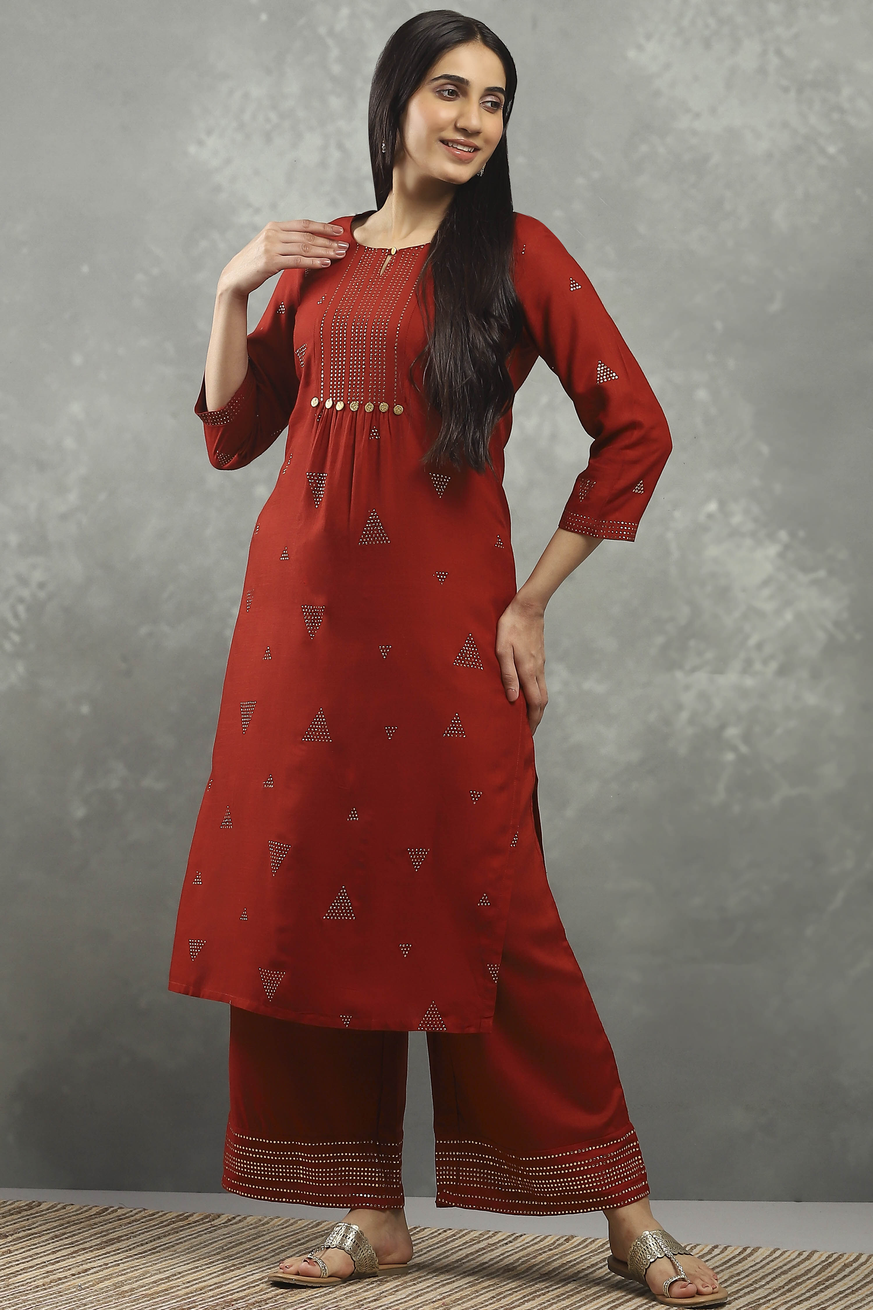 Rust Viscose Straight Kurta Pants Set image number 0