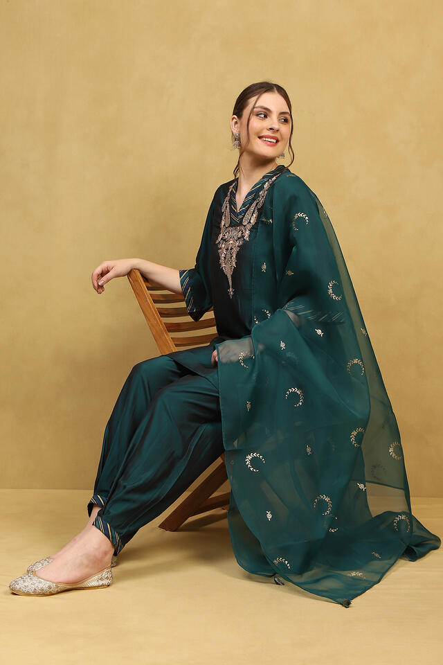 Rangriti Deep Green Polyester Blend Embroidered A-Line Kurta Set in Deep Green