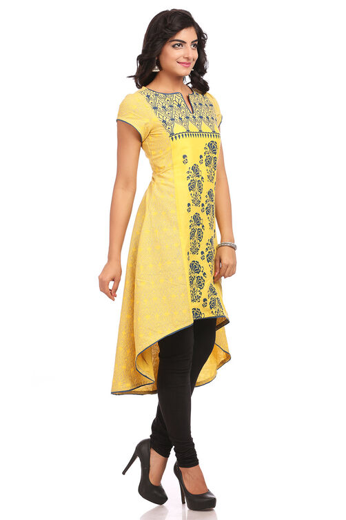 Yellow Asymmetric Cotton Kurta image number 2