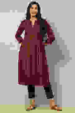 Red Viscose Blend Striped Straight Kurta image number 0