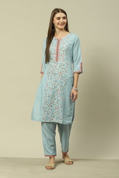 Aqua Blue Viscose Straight Printed Kurta Palazzo Suit Set image number 6