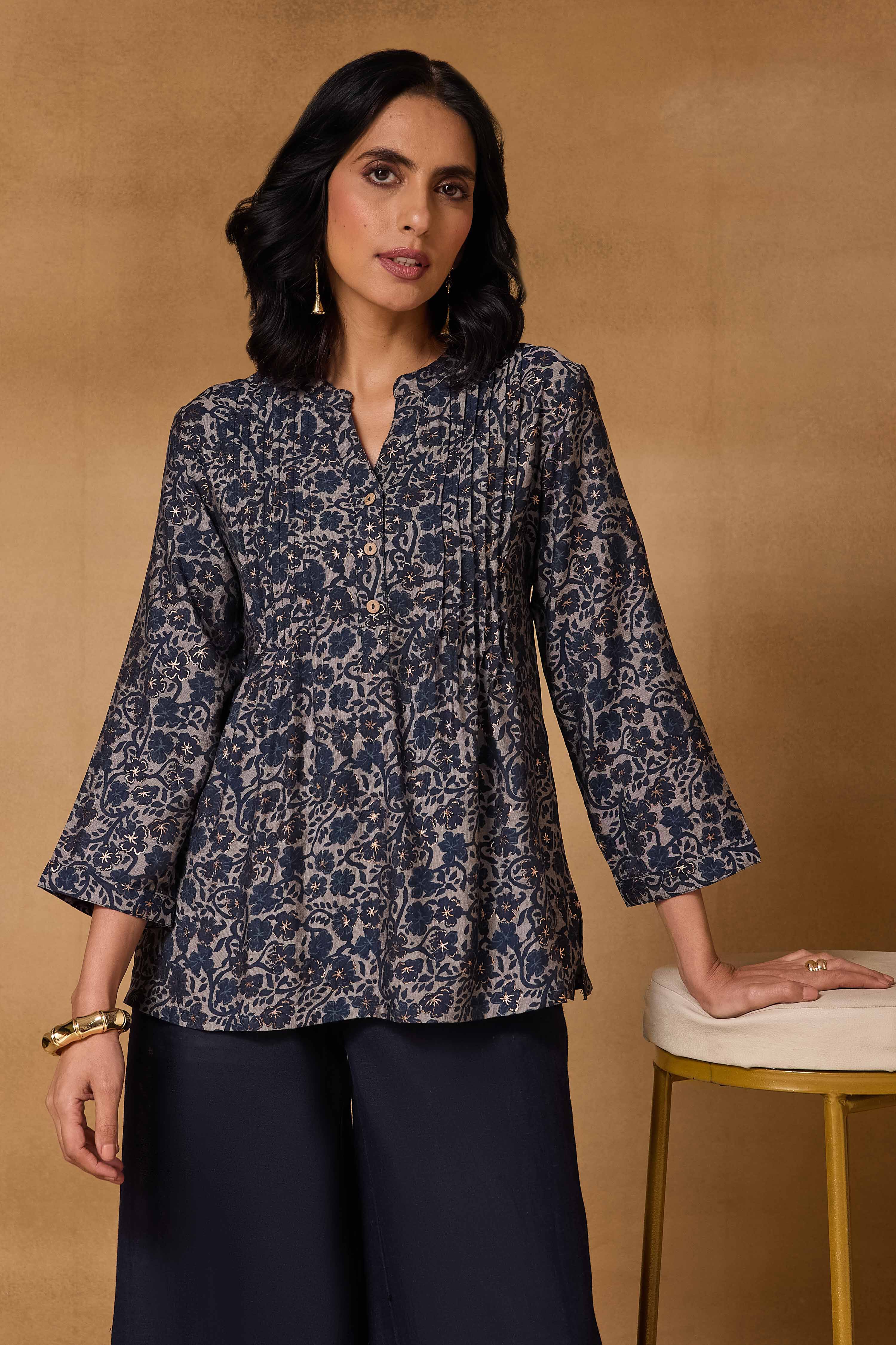 Blue Viscose Blend Regular Printed Top image number 7