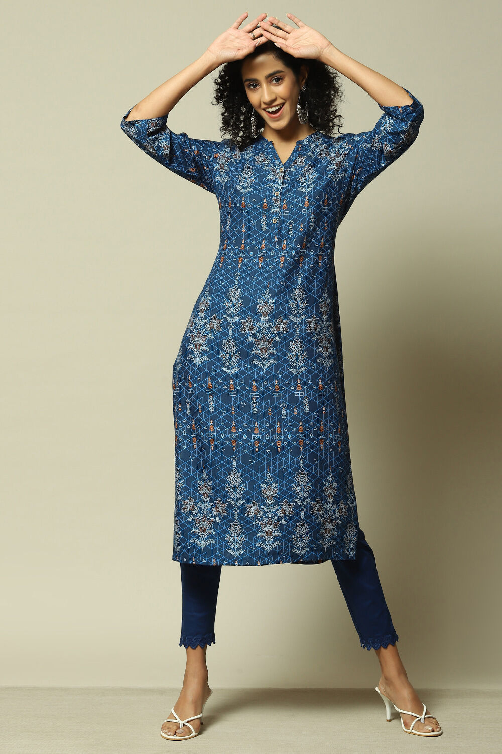 Indigo LIVA Straight Printed Kurta image number 0