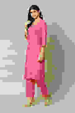 Pink LIVA Straight Printed Kurta Palazzo Suit Set image number 3