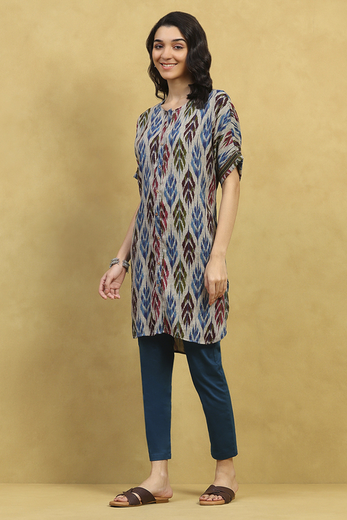 Grey Printed Straight Kurta image number 2
