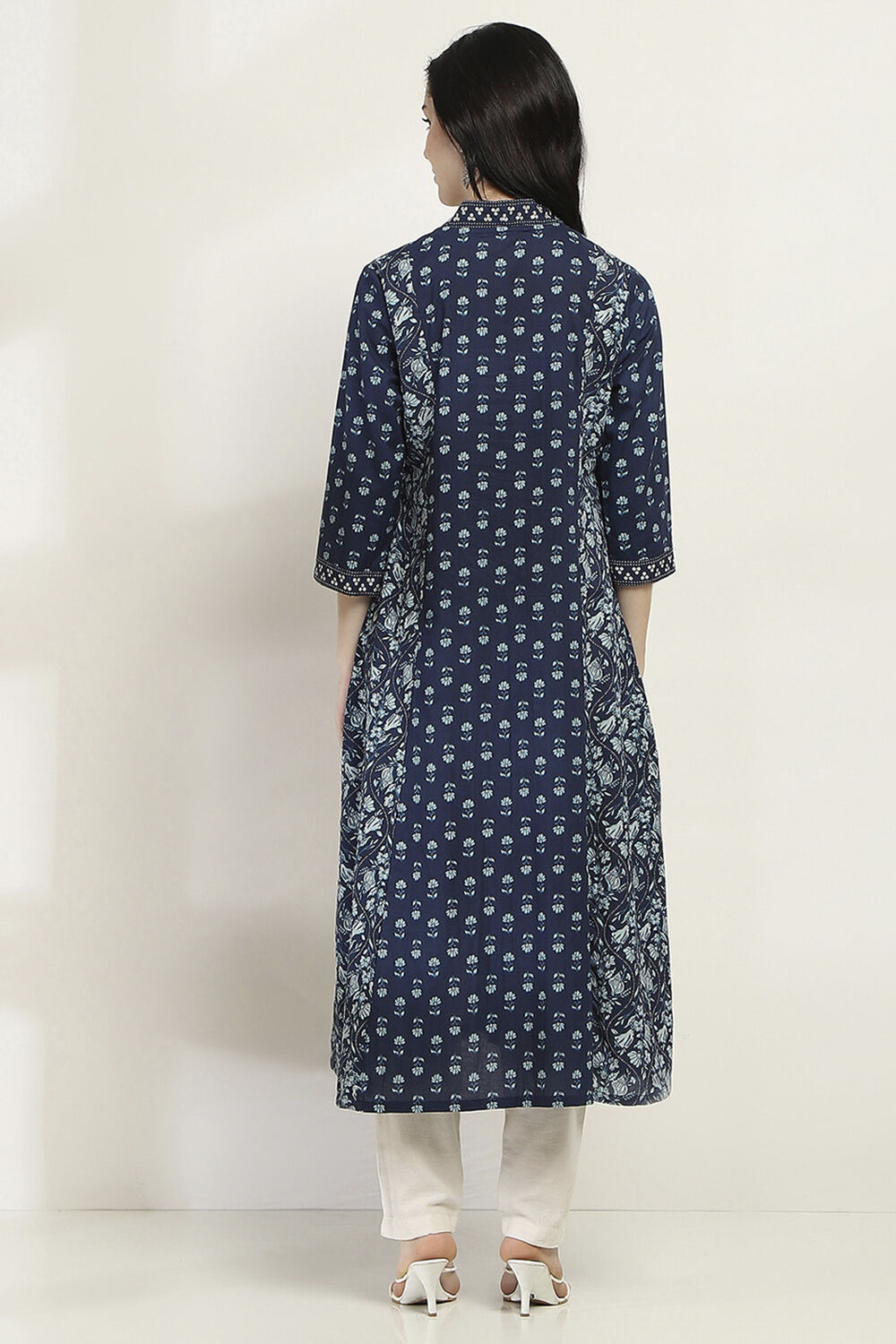 Indigo Cotton Printed A-Line Kurta image number 3