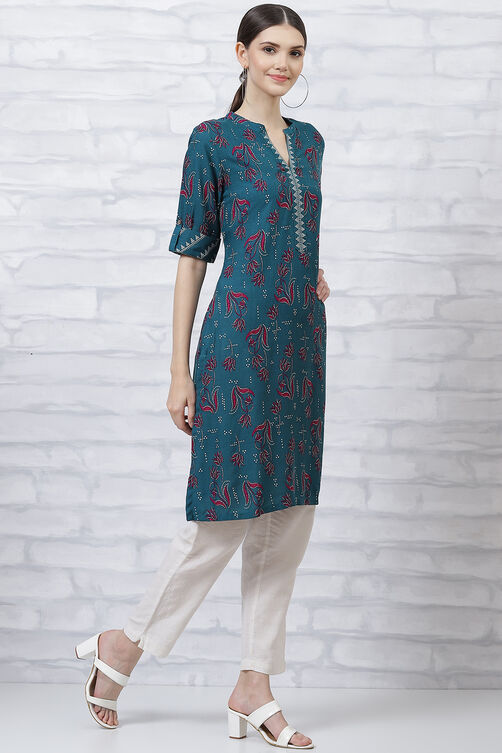 Teal Blue LIVA Straight Kurta image number 3