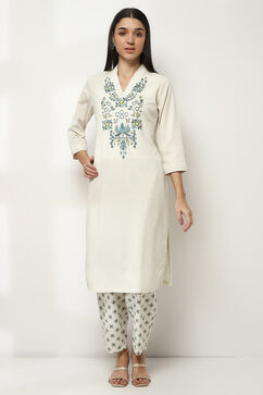 Off-White Cotton Blend Straight Kurta image number 5