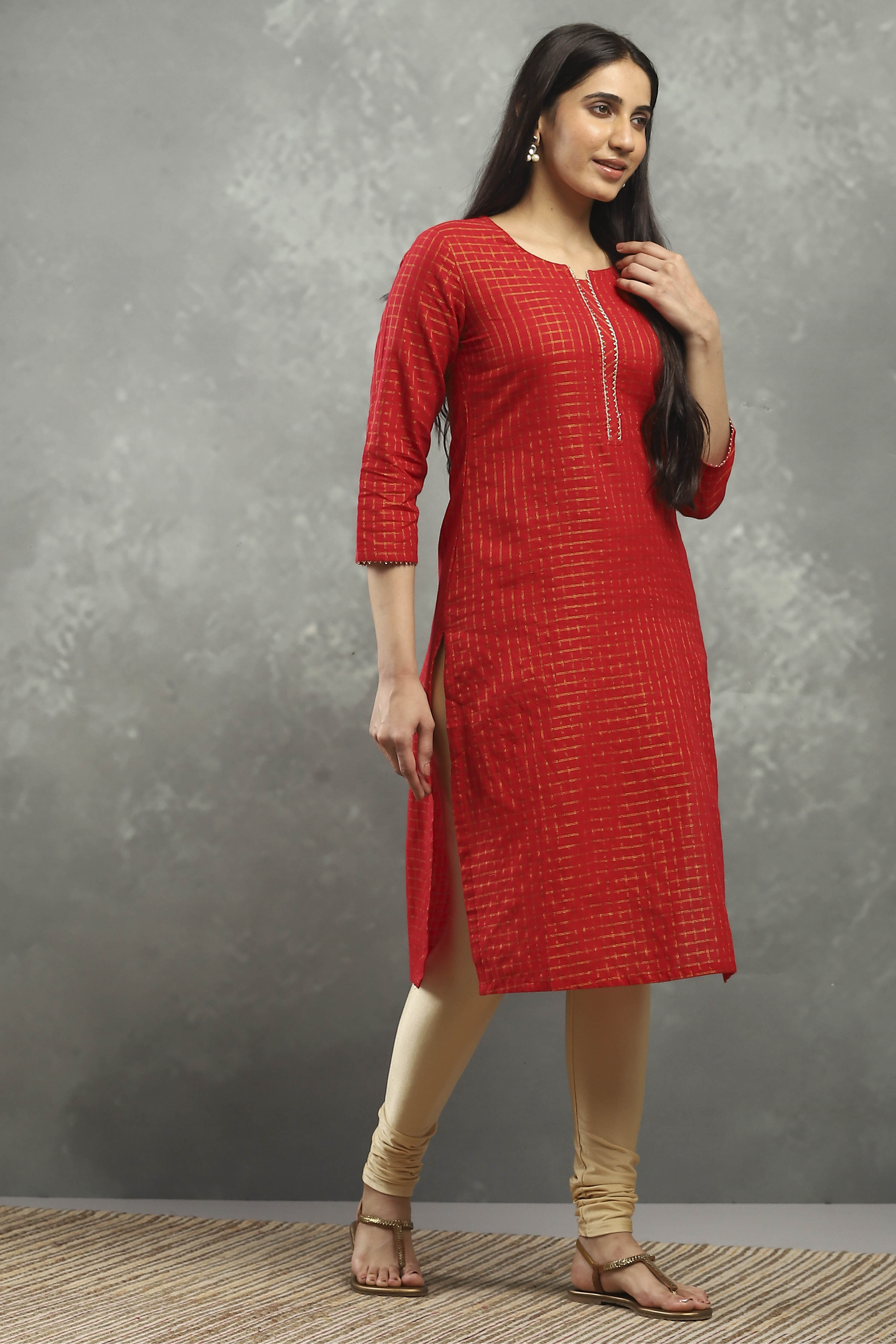 Red Viscose Straight Kurta Pants Set image number 5