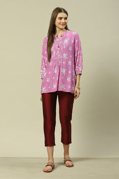 Maroon Polyester Slim Solid Pants image number 0