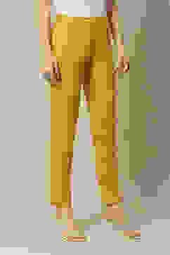 Yellow Poplin Lycra Slim Solid Slim Pants image number 3