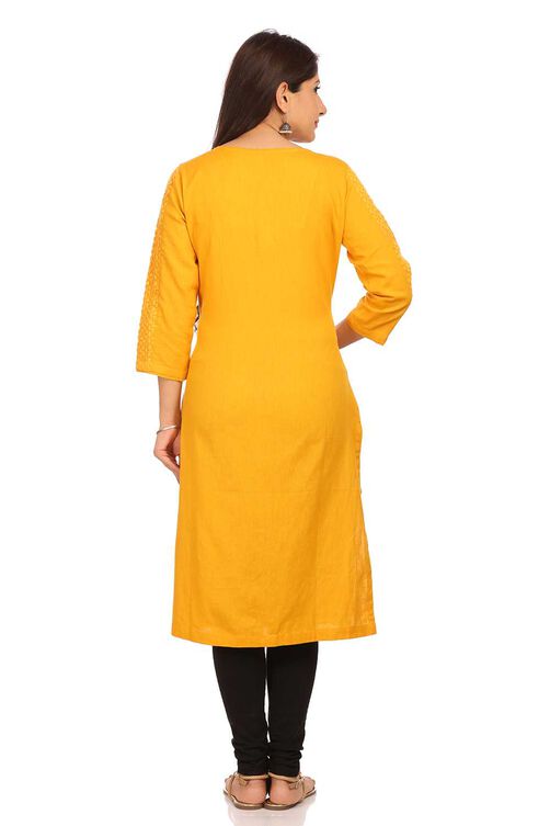 Mustard Straight Cotton Kurta image number 3