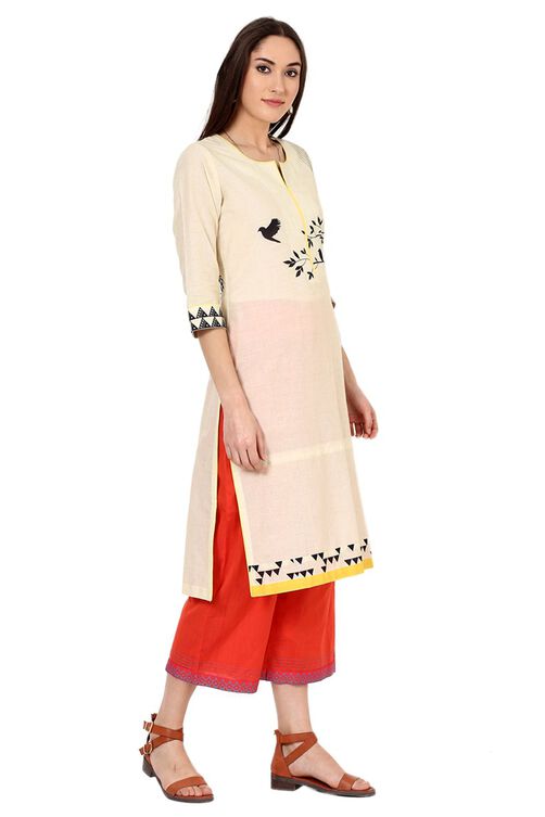Beige Straight Cotton Kurta image number 3