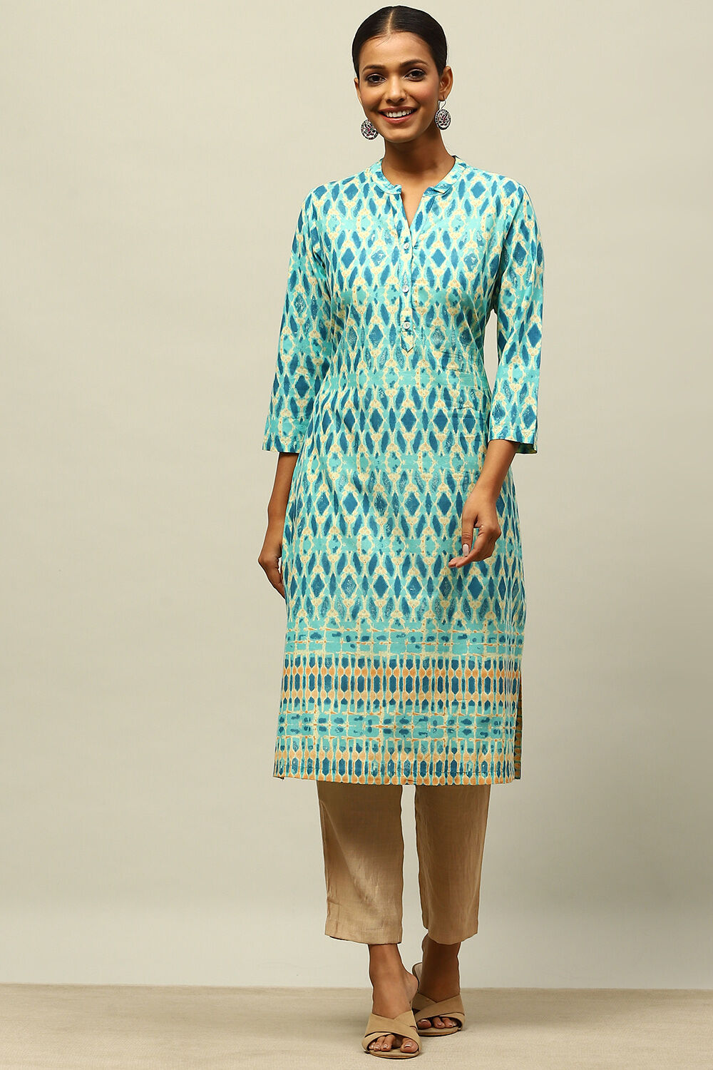 Blue Cotton Printed Straight Kurta image number 0