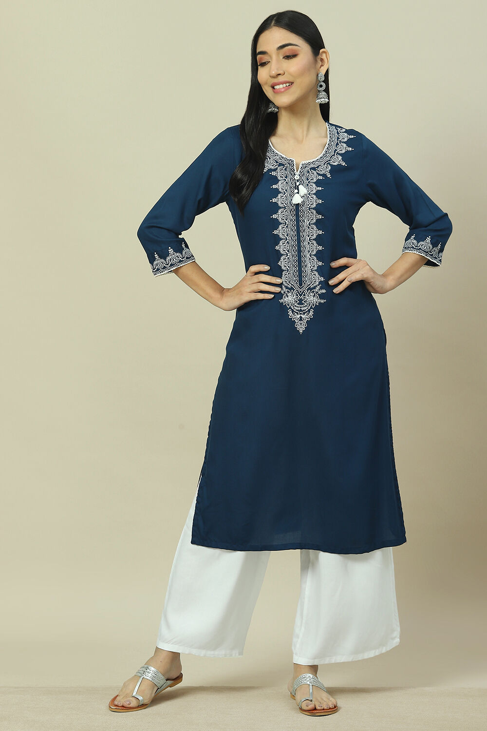 Indigo Blue Embroidered Detail Straight Kurta image number 0