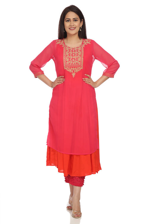 Pink Flared Polyester Kurta image number 0