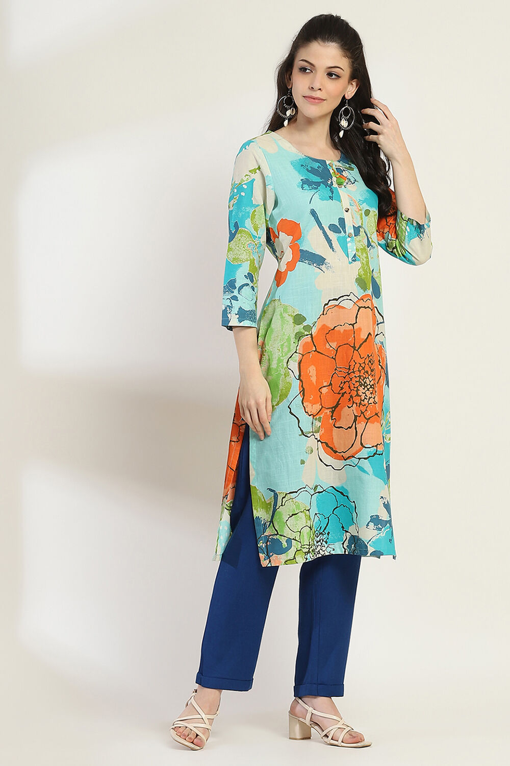 Aqua Cotton Printed Straight Kurta image number 4