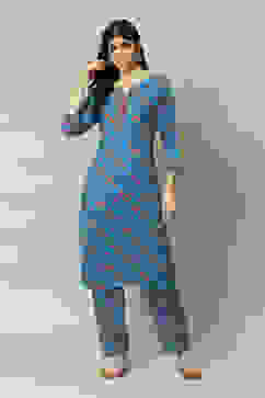 Coblt Blue LIVA Straight Printed Kurta Palazzo Suit Set image number 6
