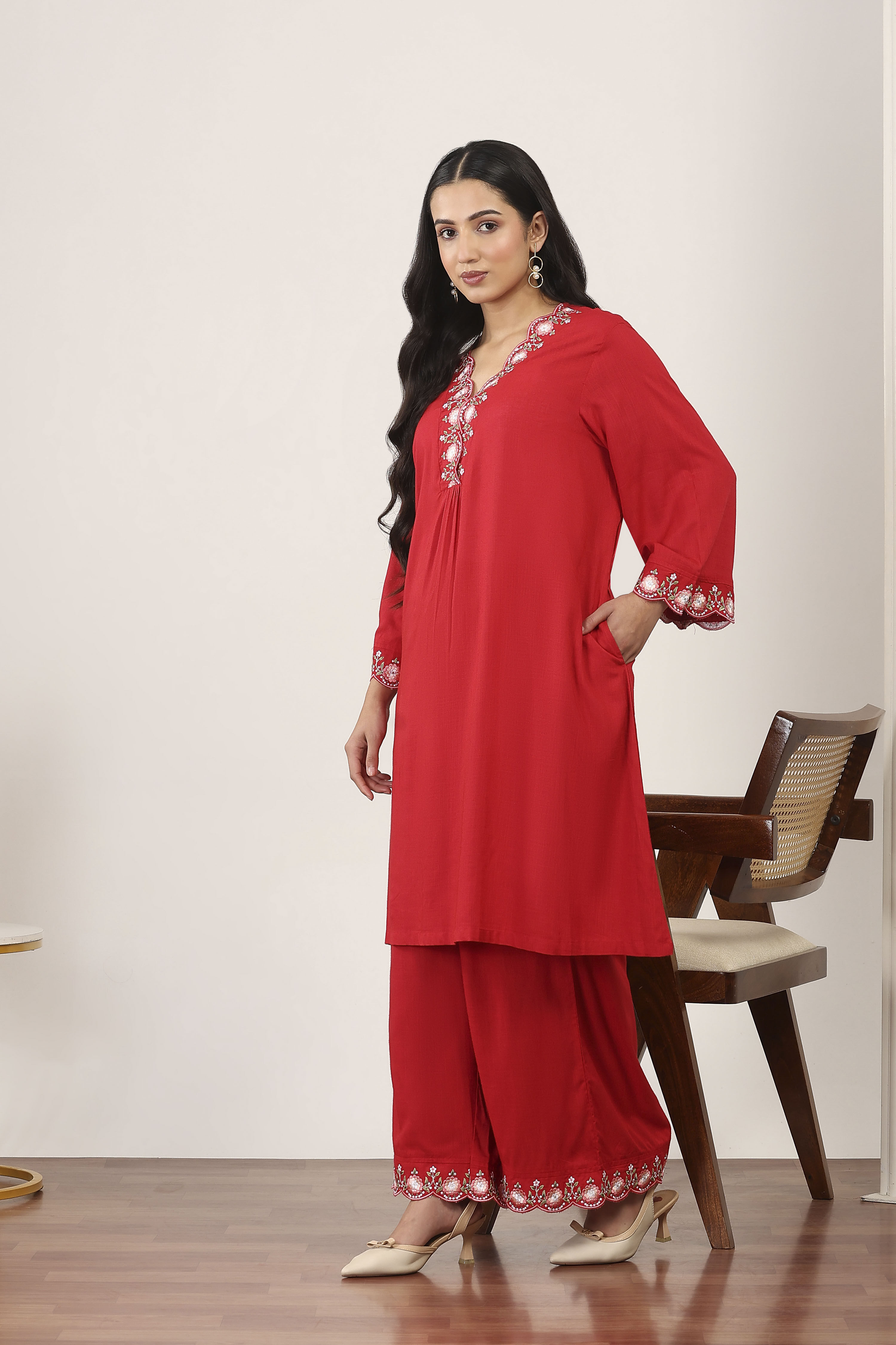 Red Rayon Viscose Rayon Kurta Pants Set image number 0