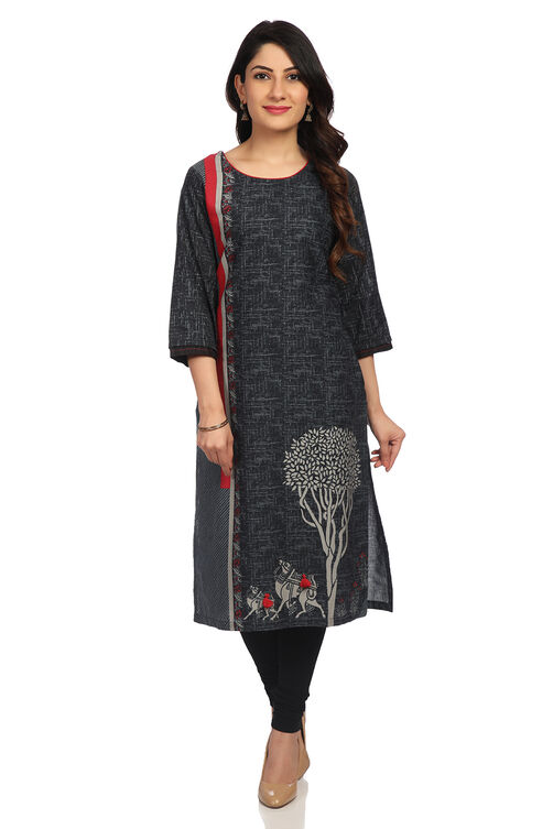 Black Straight Cotton Kurta image number 0