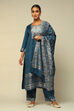 Petrol Blue Acrylic Straight Yarn Dyed Kurta Palazzo Suit Set image number 3