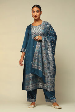 Petrol Blue Acrylic Straight Yarn Dyed Kurta Palazzo Suit Set image number 3