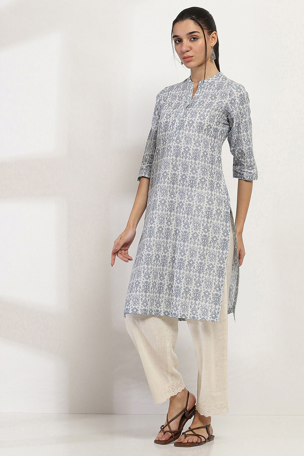 Grey Cotton Printed Straight Kurta image number 2