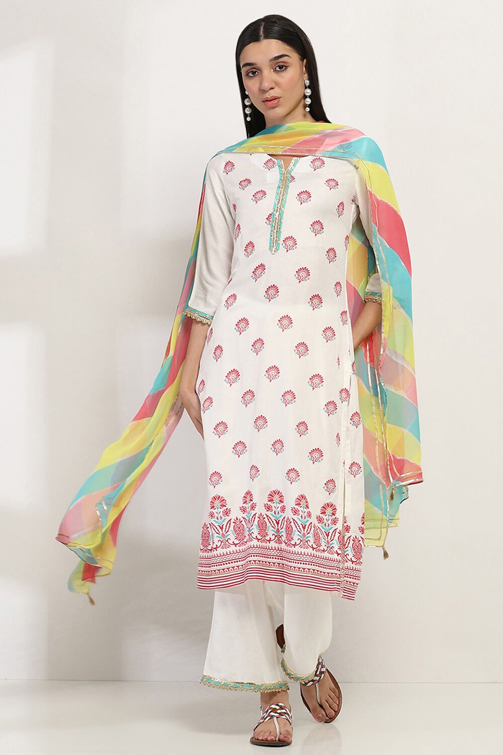 White Printed Straight Suit Set image number 6