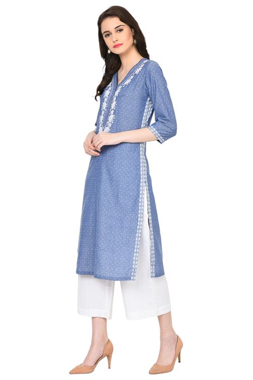 Blue Straight Chambray Kurta image number 3