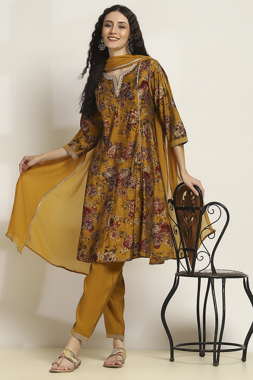 Mustard Viscose Blend Printed Kalidar Suit Set image number 0