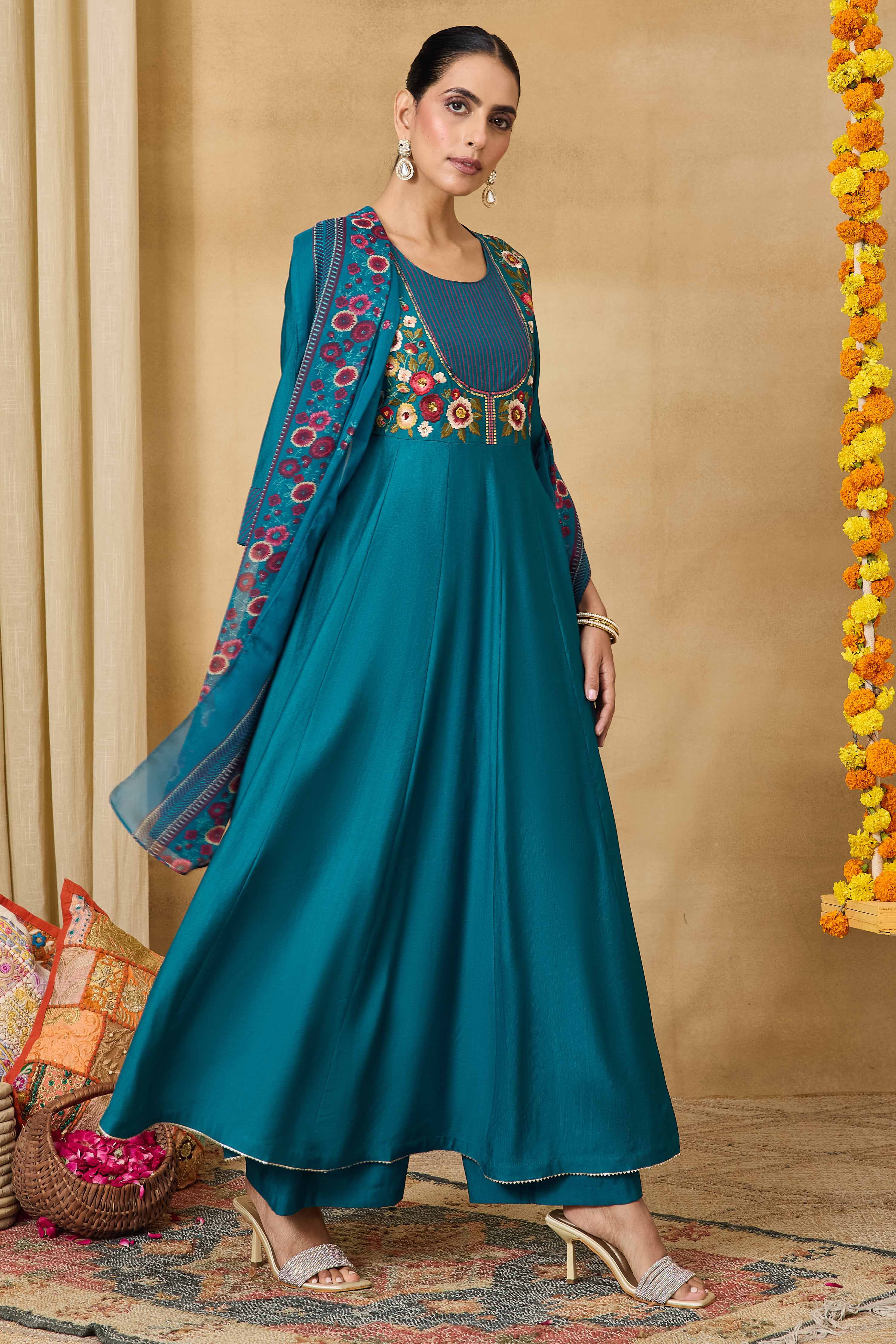 Teal Viscose Blend Kalidar Solid Suit Set image number 6
