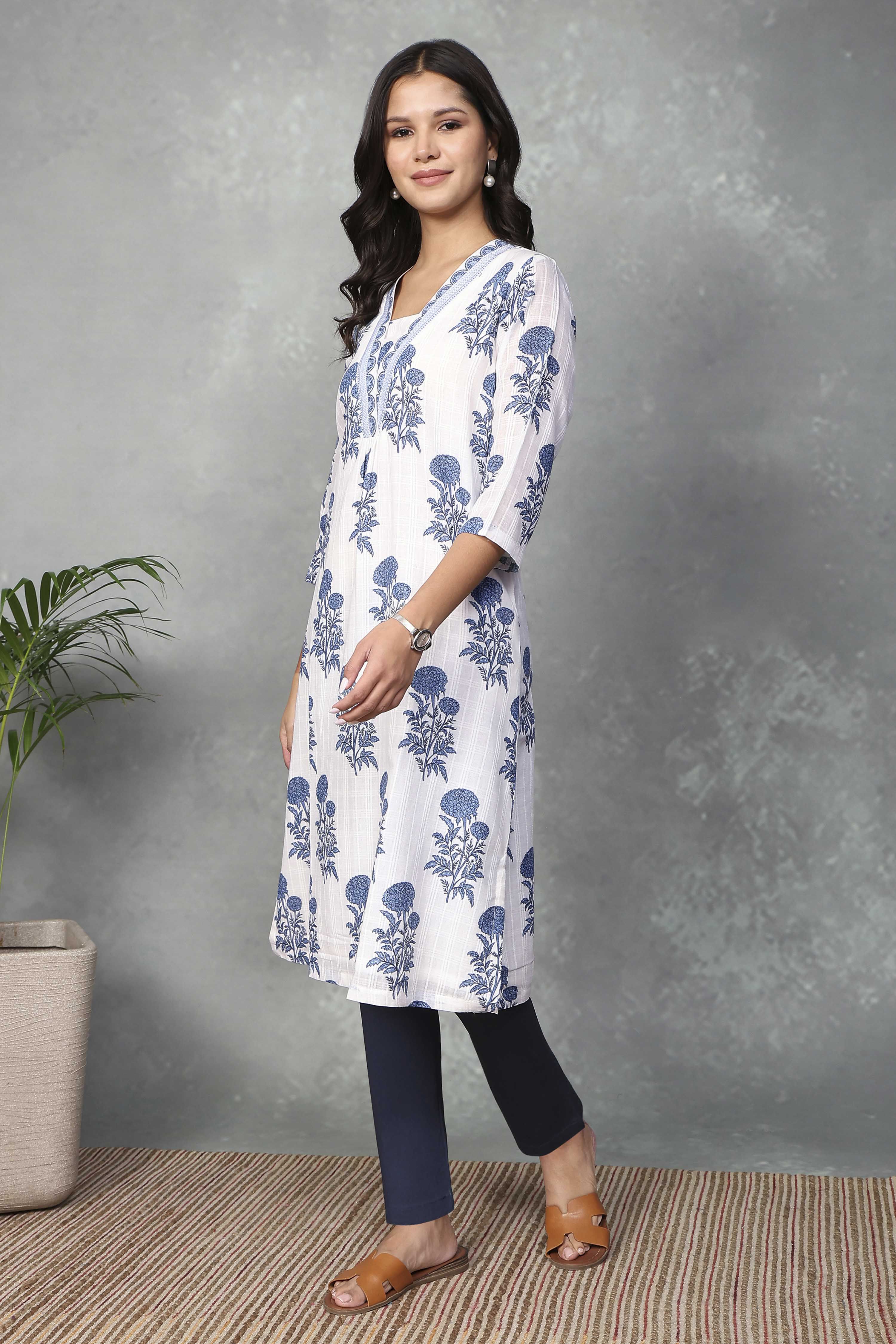 White Cotton Printed Straight Kurta image number 2