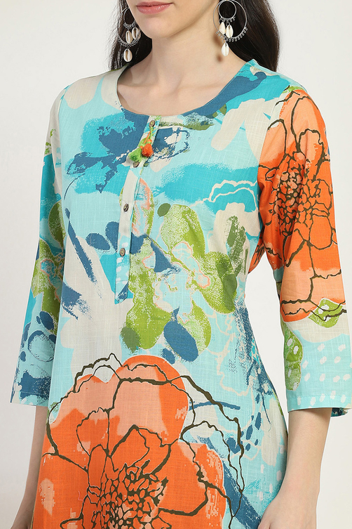 Aqua Cotton Printed Straight Kurta image number 1