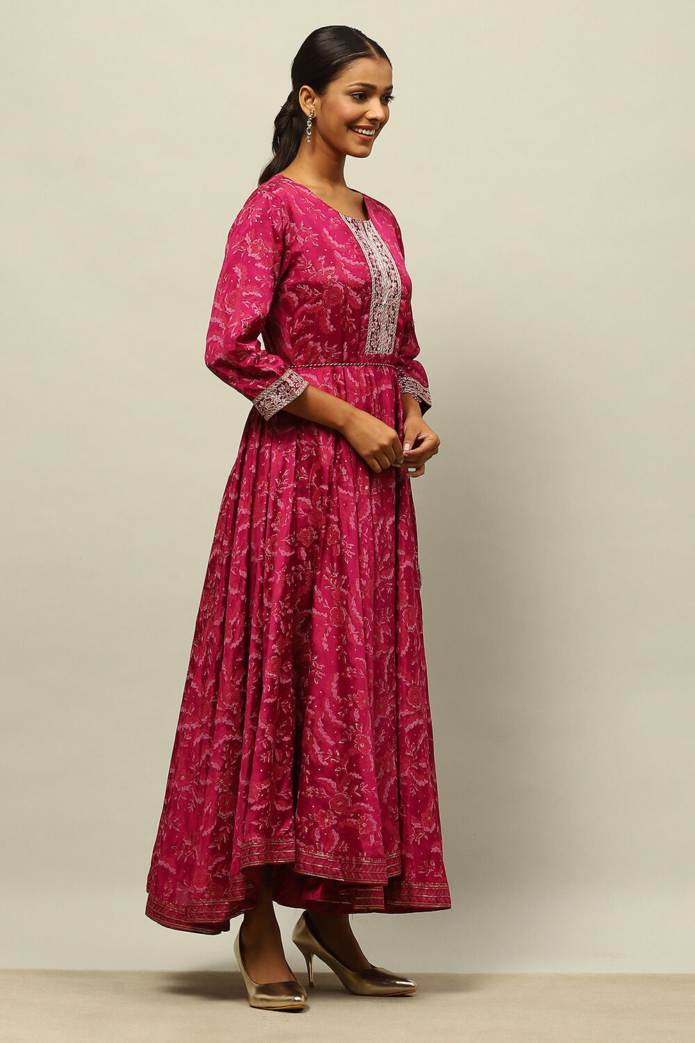 Purple Viscose Shantoon Printed Flared Dress image number 4